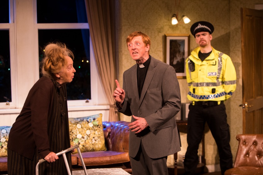 Anne Lacey as Garson, Gavin John Wright as Rev Shandy and Martin McCormick as Blunt, The Lying Kind credit John Johnston